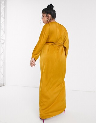 ASOS Curve DESIGN Curve satin maxi dress with batwing sleeve and wrap waist in mustard