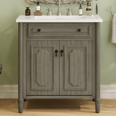 Vintage Bathroom Vanity with Sink, Antique Gray Finish, High-Quality Ceramic, and Spacious Storage for Timeless Elegance