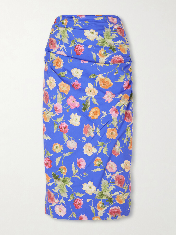 Carolina Herrera Ruched Floral-print Cotton-blend Midi Skirt - Blue
