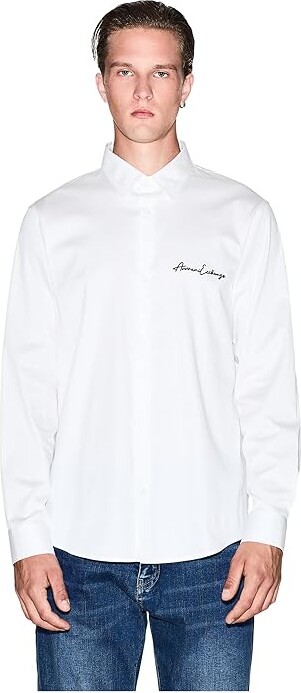 Armani Exchange Script Logo Button Down Men's T Shirt White : XL, Cotton/Elastane