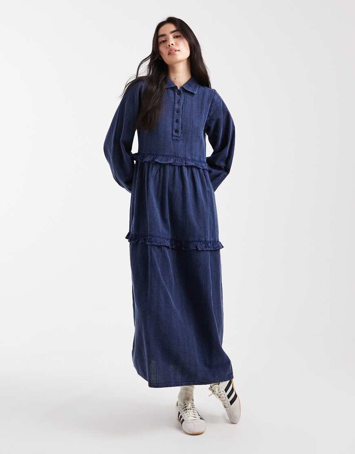 NATIVE YOUTH textured stripes washed ruffle midaxi dress in navy