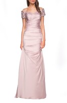 Thumbnail for your product : La Femme Ruched & Beaded Short-Sleeve Gown