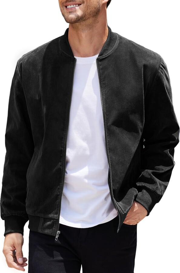 Black Faux Suede Leather Varsity Bomber Jacket
