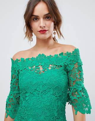 Paper Dolls off shoulder crochet midi dress with frill sleeve in emerald green