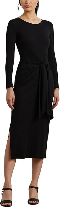 Lauren Ralph Lauren Tie-Front Cotton-Blend Crewneck Dress Women's Dress Black : LG, Cotton/Elastane/Modal