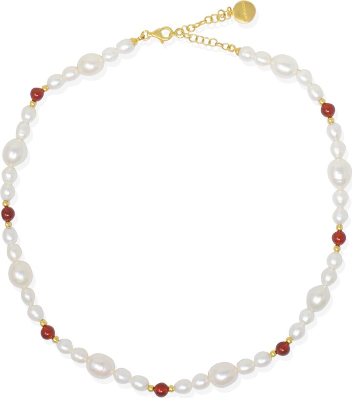 Vintouch Italy Gold / Red / White Bianca Gold-Plated Pearl And Carnelian Necklace