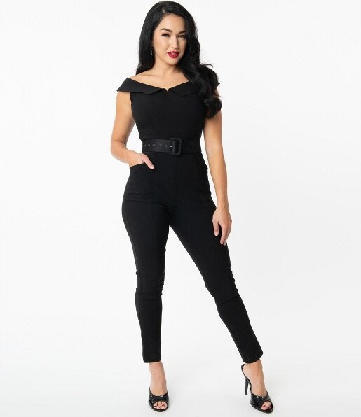 Unique Vintage UniqueVintageWomen'sOffShoulderGillianJumpsuitBlackS/4