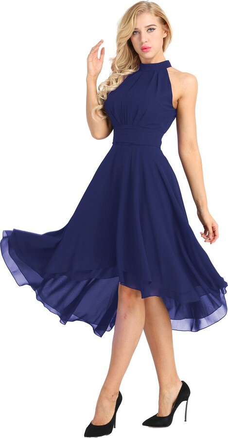 sleeveless v back high low navy blue dress