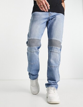 ASOS DESIGN original fit jeans in mid wash blue with biker detail and zipped hem