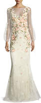 Marchesa Notte Bishop-Sleeve Lace Evening Gown w/ Floral Appliques