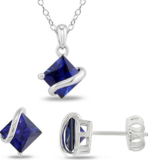 Everly Jewelry EVERLYJEWELRY|SterlingSilver4.02CTTGWSquareCreatedBlueSapphireWavePendantwithChainandStudEarrings2-PieceSet-18in