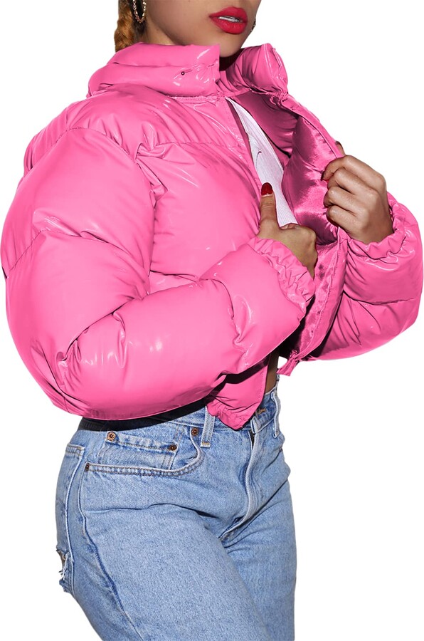 Cropped Puffer Hot Pink Metallic Jacket Cropped Bubble Puffer