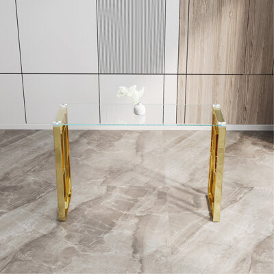 Ivy Bronx Console Table Stainless Steel GlassMeal Side Table Golden Clear Bs-02