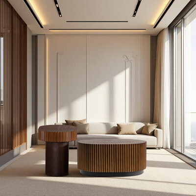 Orren Ellis Handcraft Round Nesting Coffee Table Set Of 2, - Chic Wave Stripe Edge, Modern Stylish Wooden Circle Fluted Center Table For Living Room