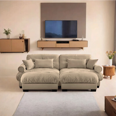 Latitude Run Oversized Modern Velvet Double Sofa With Round Cushioned Armrests And Footstool With Lumbar Pillows And Throw Pillows