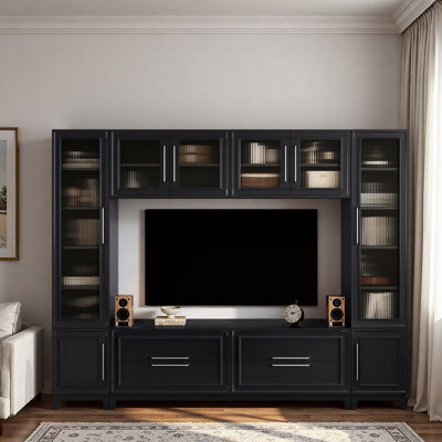 Latitude Run Modern Entertainment Center Wall Unit Tv Stand With Glass Doors 4 Closed Drawers And Cabinets