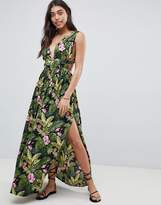 Thumbnail for your product : ASOS Design Grecian Plunge Maxi Woven Beach Dress In Hibiscus Print