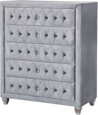 Benjara Rea Tall Dresser Chest 5 Drawers With Crystal Knobs Black Velvet Upholstery