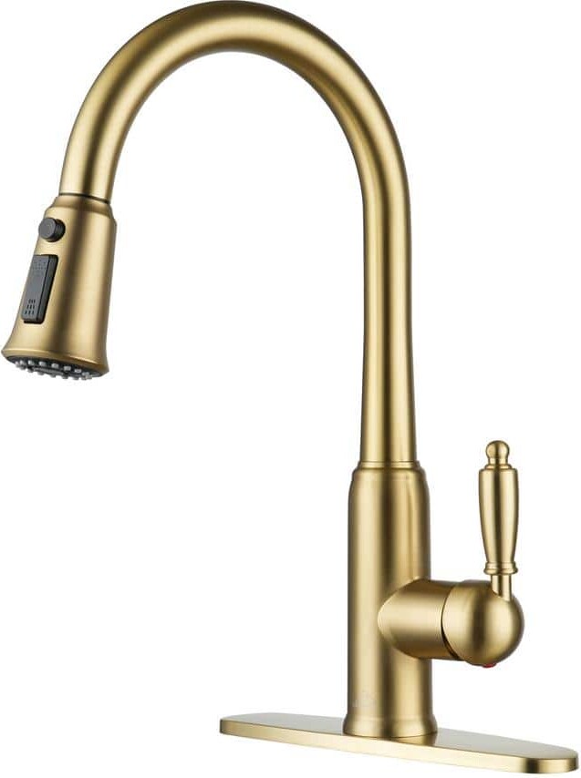 CASAINC Single Handle Pull-Down Sprayer Kitchen Faucet with Three-function Pull out Sprayer head, Deckplate in Brushed Gold