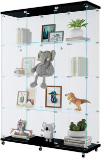 Latitude Run 4-Shelf Large Glass Display Cabinet In Black For Living Room Fits Action Figures Wine Whisky 5Mm Tempered Glass Solid Wood Structure Metal Peg O