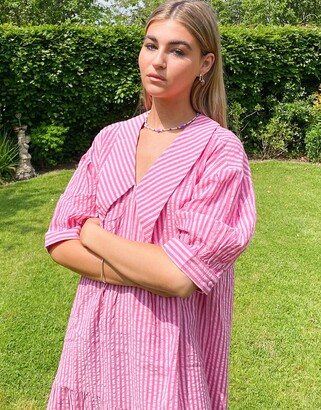 NATIVE YOUTH collar smock dress in neon pink stripe - ShopStyle