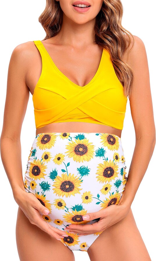 Tofern Maternity Swimsuit High Waisted Bikini Set Two Pieces V Neck