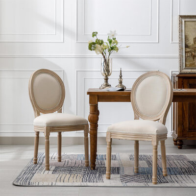 Astoria Grand French Style Linen Fabric Oval Back Dining Chair,Set Of 2,Cream