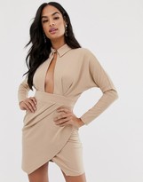asos design long sleeve wrap shirt midi dress