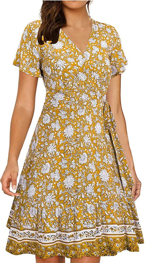 AMhomely Summer Dress for Women,Plus Size Fashion Ladies V-Neck Bandage Floral Printing Short Sleeve Dress UK Size