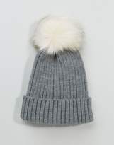 Thumbnail for your product : ASOS Gray Rib Beanie With White Faux Fur Pom