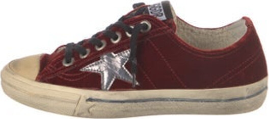 Golden Goose Velvet Low Top Sneakers Red Leather & Distressed Accents Round-Toes Lace-Up Closure at Uppers Designer