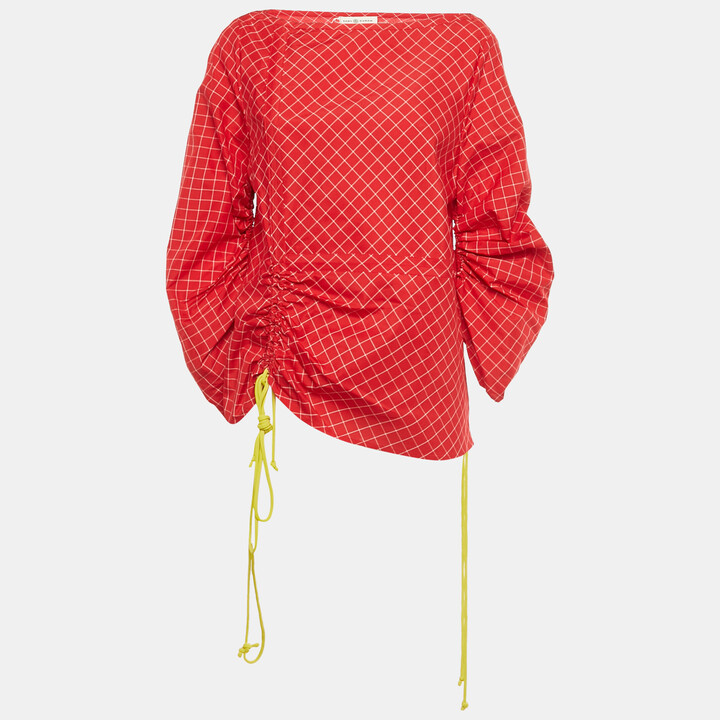 Tory Burch Red Windowpane Silk Tunic XL