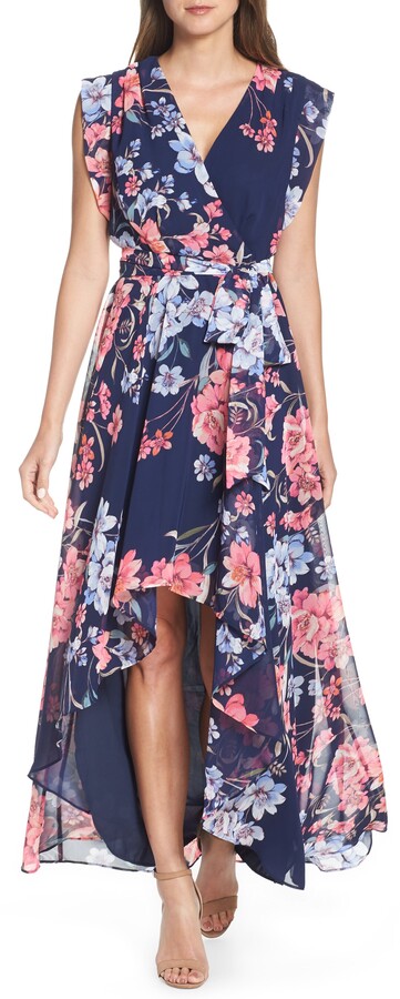 Eliza J Floral High/Low Faux Wrap Chiffon Dress - ShopStyle