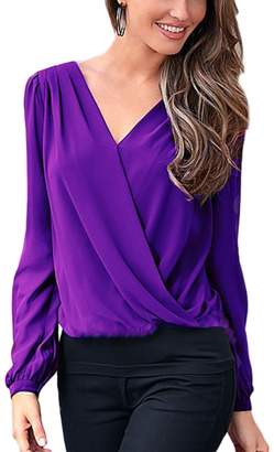 Vemubapis Women Elegant Long Sleeve Deep V Neck Hollow Out Lace Patchwork OL Wrap Shirt XL