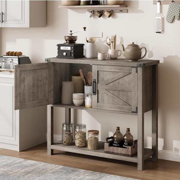 Coolmee FarmhouseEntrywayTablewith2-DoorWoodConsoleTablewithStorageCoffeeBarCabinetBuffetSideboardforKitchenLivingRoomGray