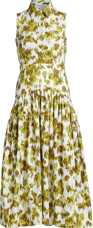 Michael Kors Collection Women's Abstract Floral Cotton Drop-Waist Midi-Shirtdress - Moss Optic White - Size 6