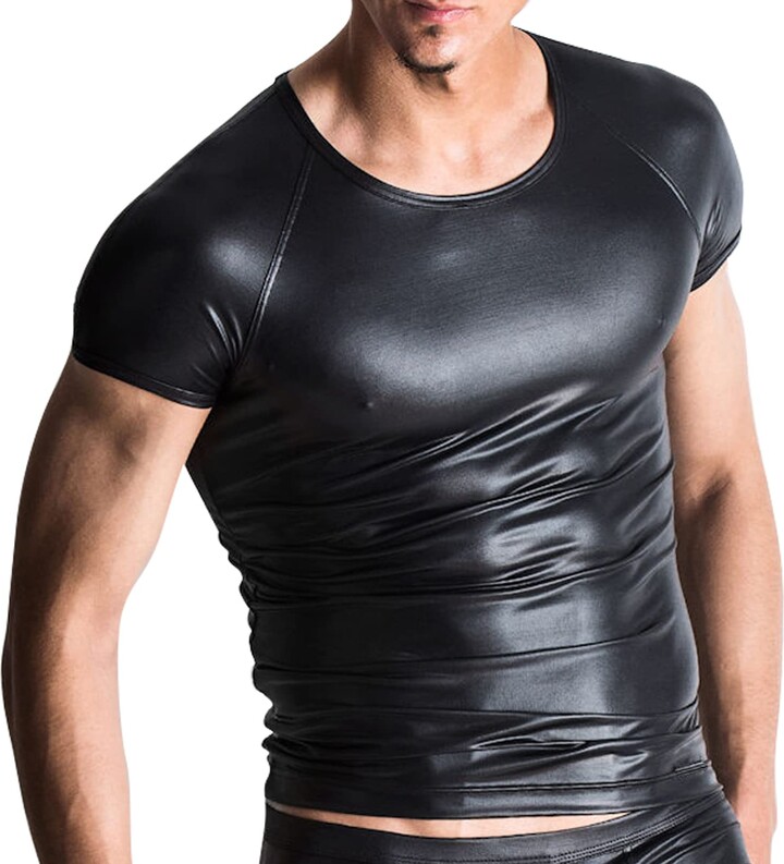 CHICTRY Men's Wet Look Faux Leather Short Sleeve T-Shirts Slim Fit ...
