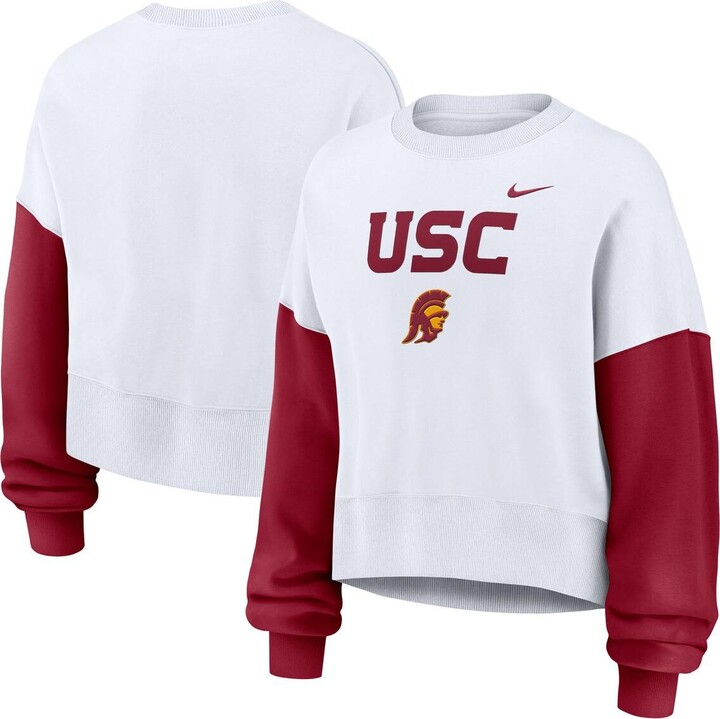 Nike Women's White Usc Trojans Color-Block Oversized Cropped Pullover Sweatshirt