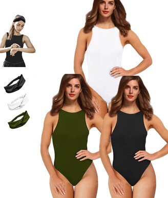Y WJing Yi Jia 3PCS Womens Sleeveless Crew Neck Bodysuit With Thong Halter  Tank Tops Shaping Bodysuits Sexy Shapewear Leotard Jumpsuits Top - ShopStyle