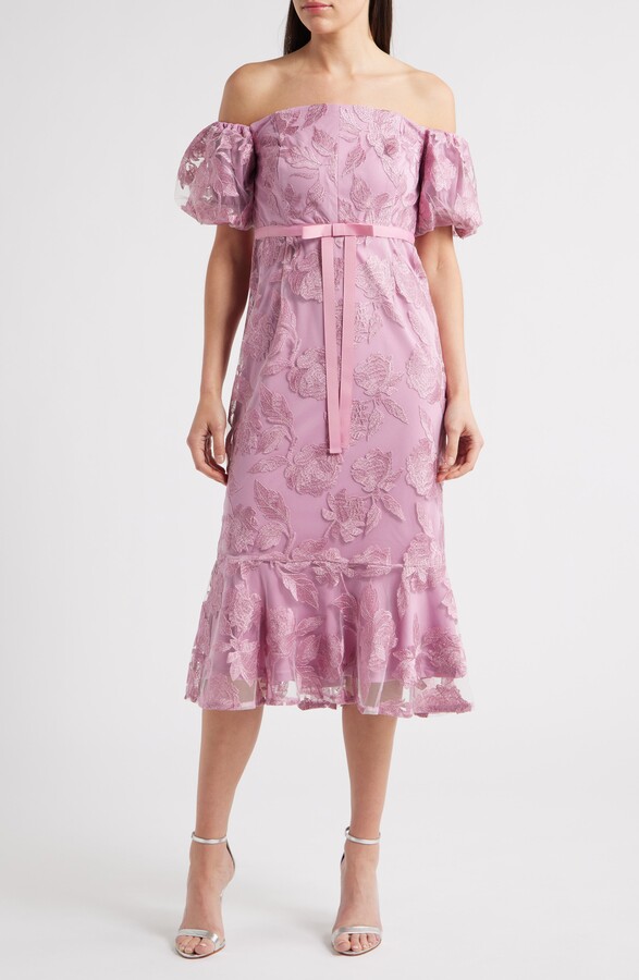 Sam Edelman Embroidered Off the Shoulder Tie Waist Midi Dress