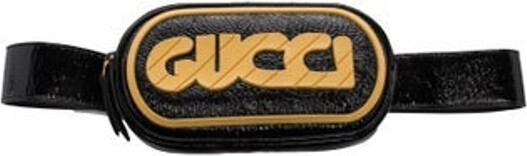 Gucci Belt Bag Black Patent Leather Graphic Print Antiqued Gold-Tone Hardware Adjustable Waist Strap Jacquard Lining with Card Slots Zip Closure at Top