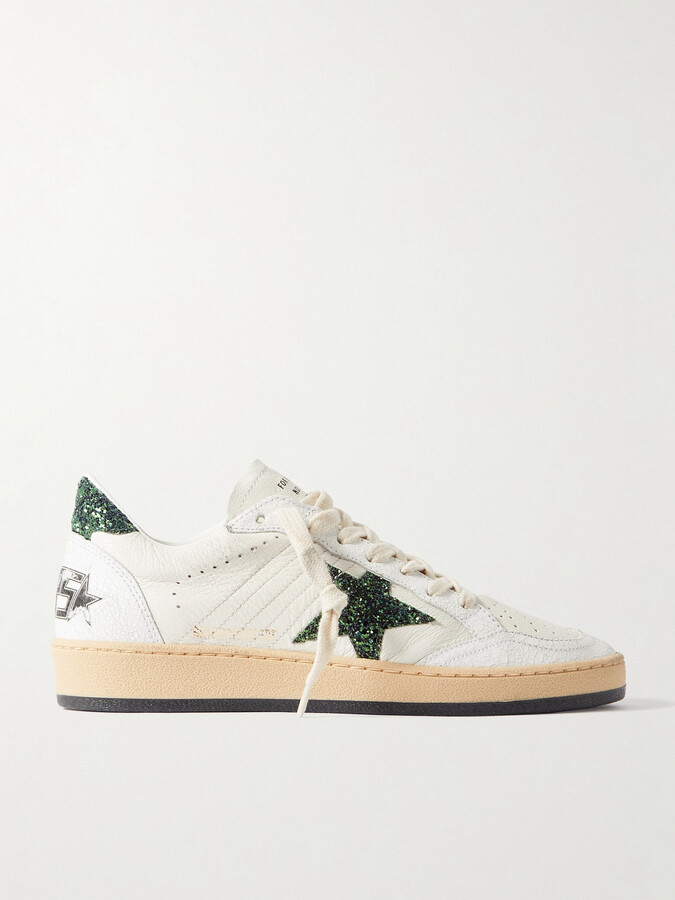 Golden Goose Ballstar Glittered Distressed Leather Sneakers - White