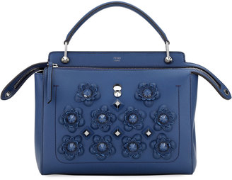 Fendi Dotcom Medium Flower Studded Satchel Bag, Denim Blue