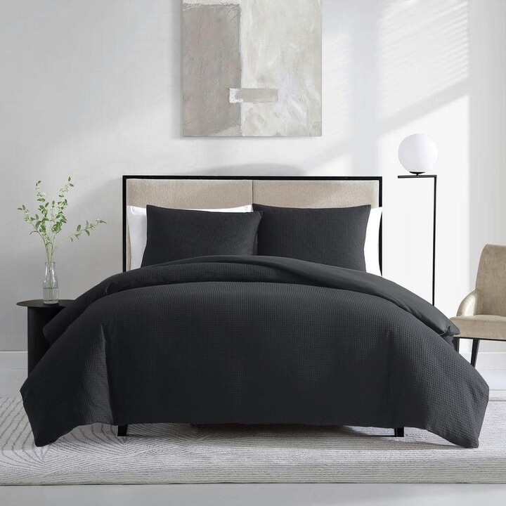Vera Wang Waffle Pique 3-Piece Black Cotton King Comforter-Sham Set