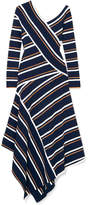 Cédric Charlier - Asymmetric Striped Metallic Knitted Midi Dress - Navy