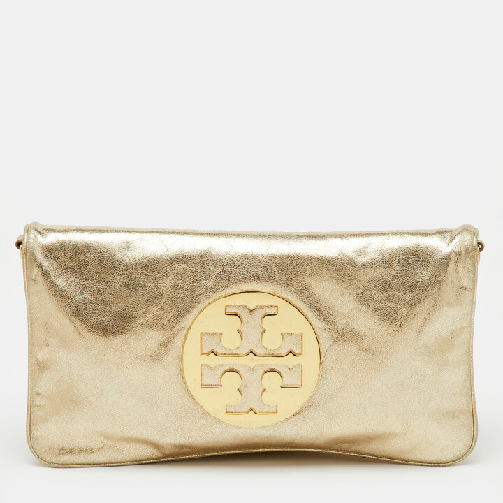 Tory Burch Metallic Gold Leather Reva Chain Clutch