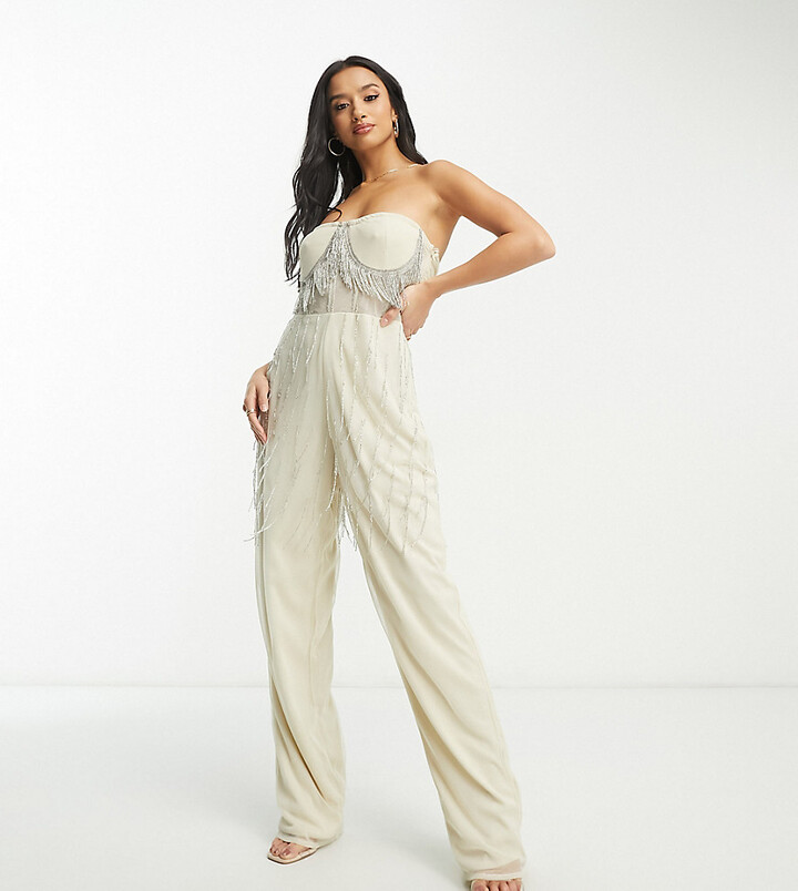Lace & Beads Petite exclusive dripping crystal sheer jumpsuit in champagne  - ShopStyle Clothes and Shoes