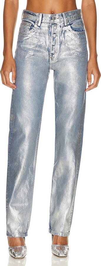 EB Denim High Rise Straight Jeans in Metallic Silver