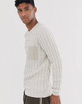 Thumbnail for your product : ASOS DESIGN cable knit sweater with woven pocket in oatmeal