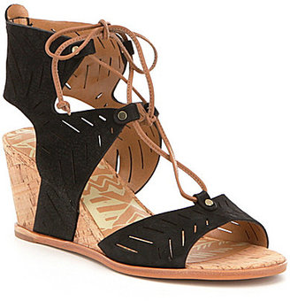 Dolce Vita Langly Nubuck Leather Laser Cut Lace Up Wedge Sandals